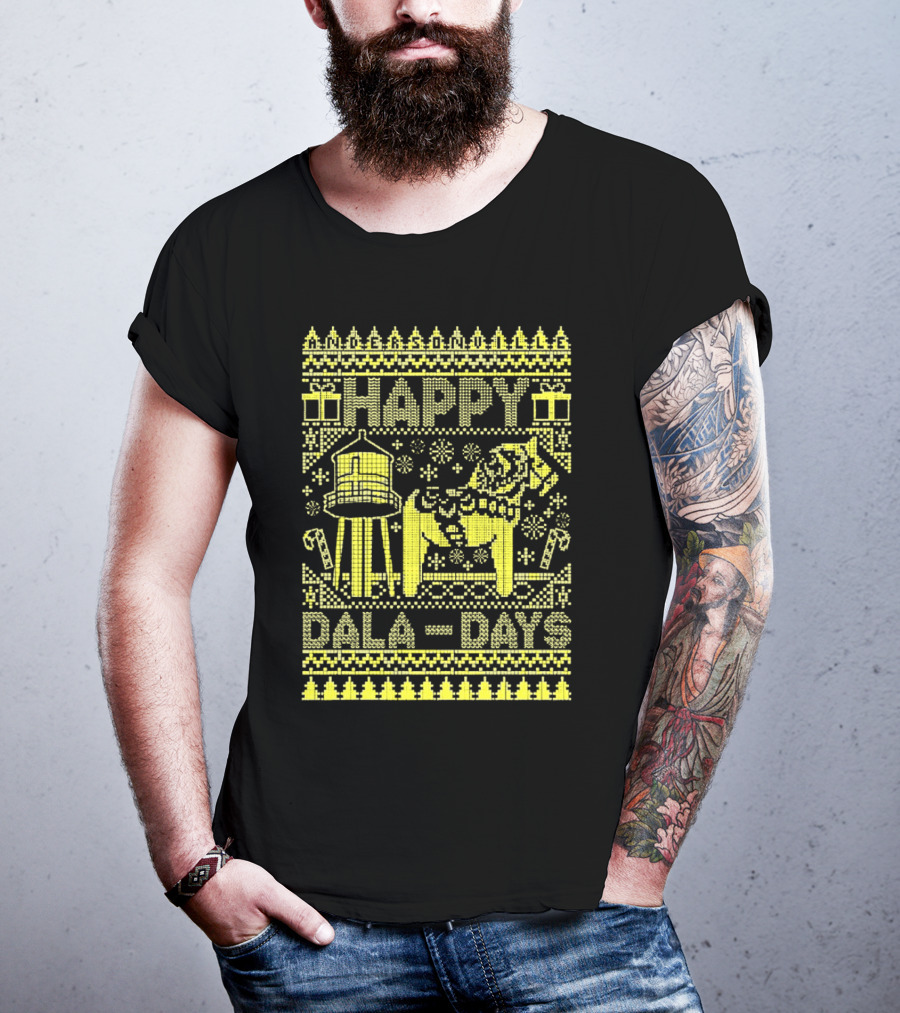 Andersonville Happy Dala Days Christmas Sweater Pattern With Water Tower And Dala Horse T-Shirt