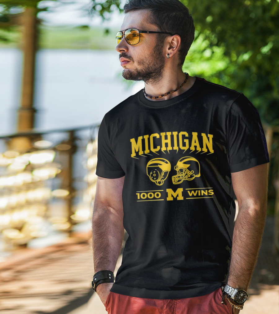 Michigan Wolverines 1000 Wins Football Helmets T-Shirt