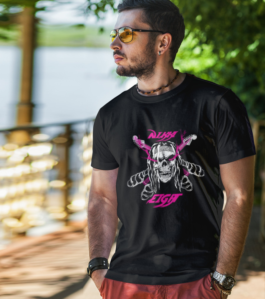 Nikki Eight Eight Skull Crossbones Guitars Pink Bandana T-Shirt