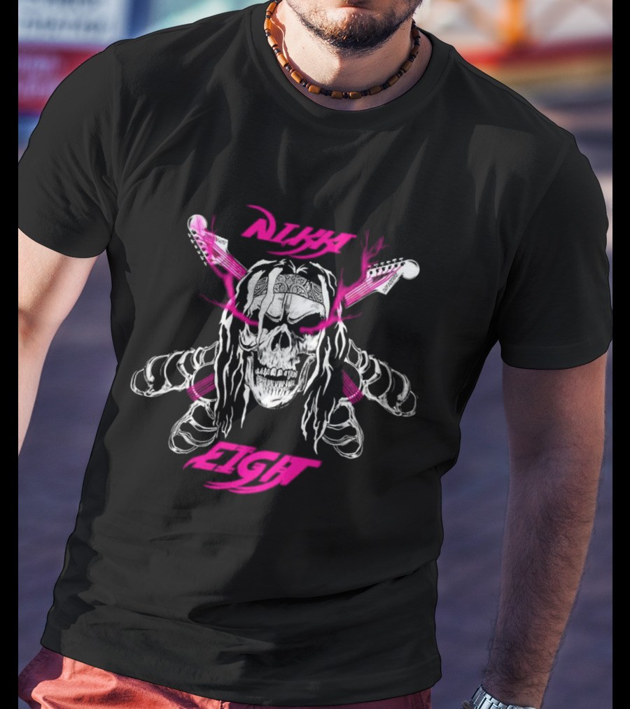 Nikki Eight Eight Skull Crossbones Guitars Pink Bandana T-Shirt