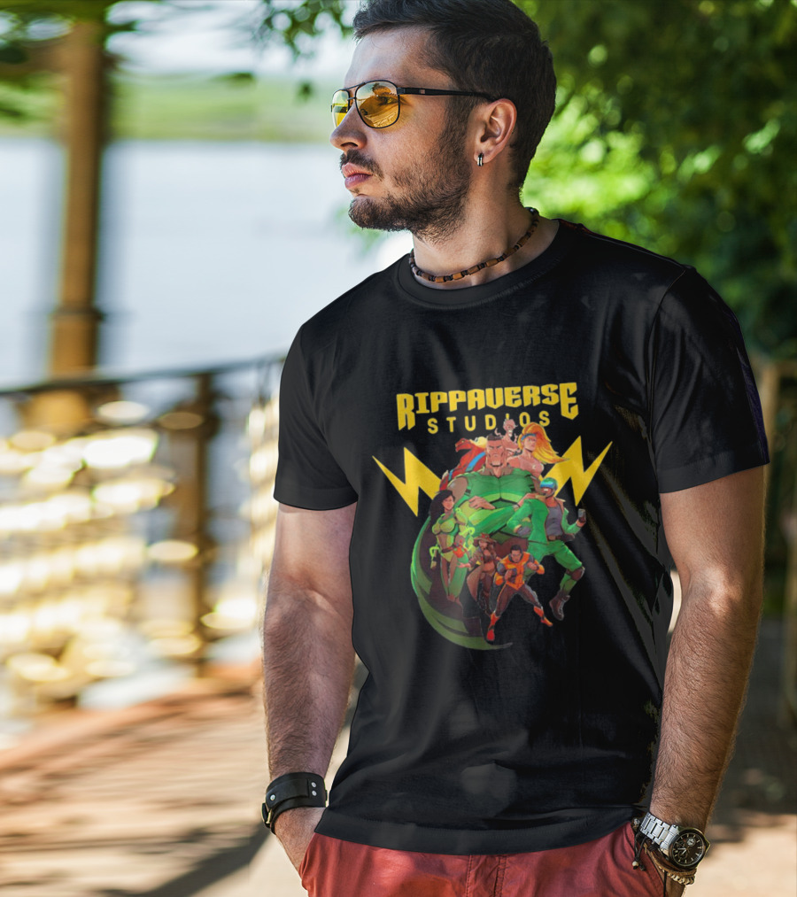 Rippaverse Studios Superhero Team Iconic Action Characters T-Shirt