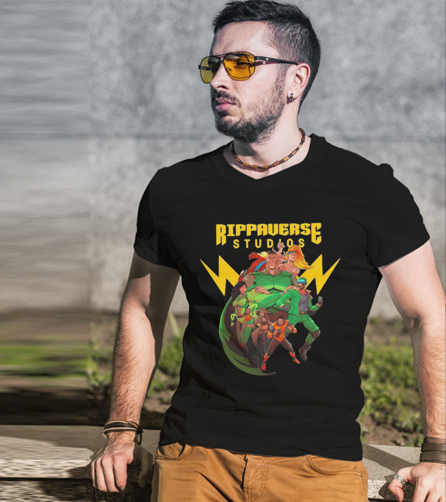 Rippaverse Studios Superhero Team Iconic Action Characters T-Shirt