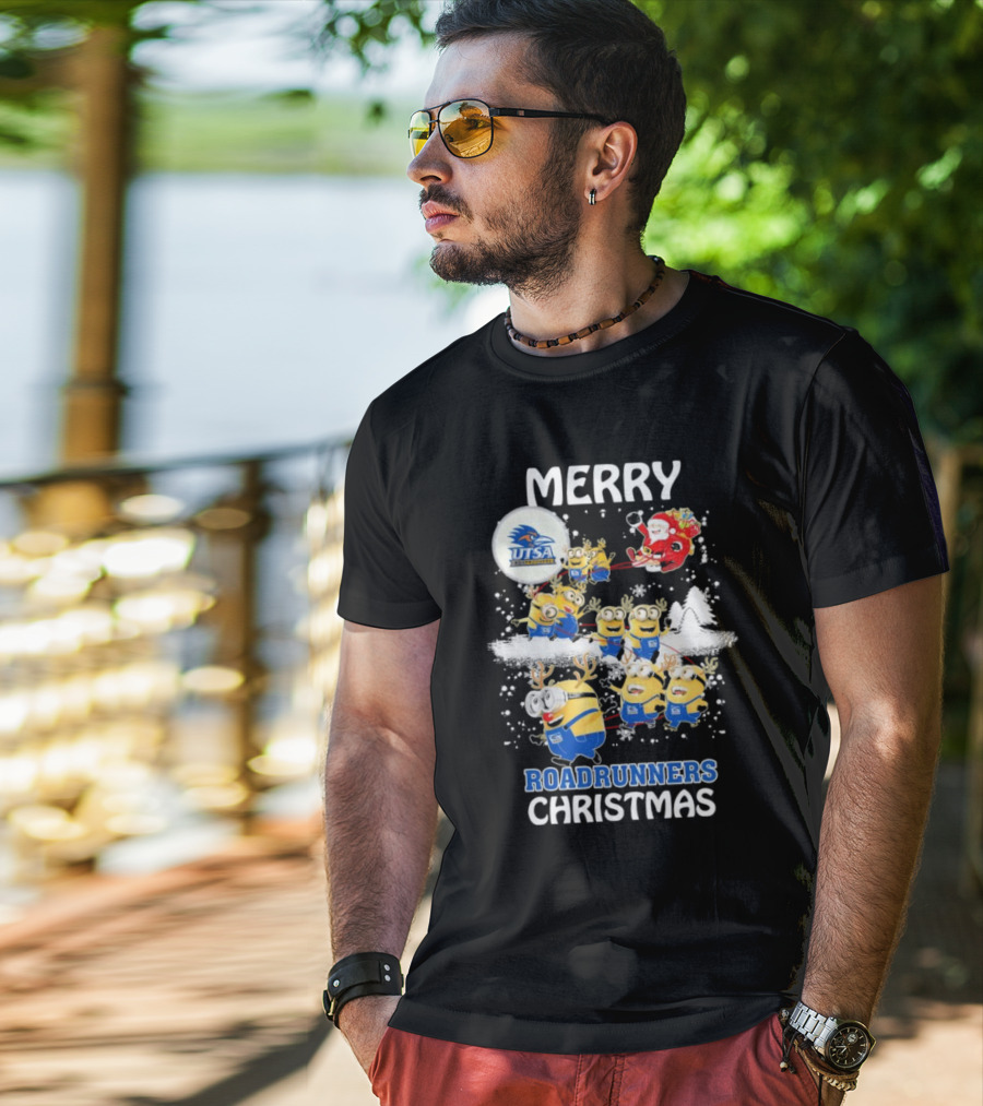 Merry UTSA Roadrunners Minions Christmas With Santa And Reindeer T-Shirt