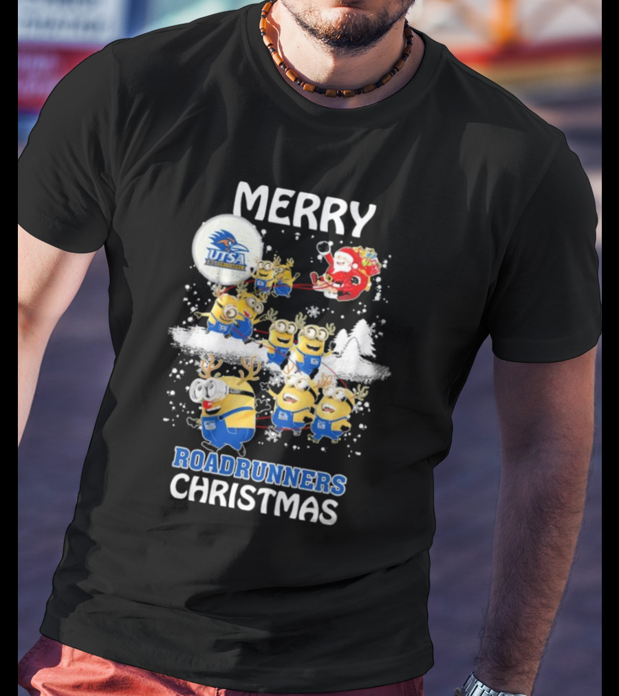 Merry UTSA Roadrunners Minions Christmas With Santa And Reindeer T-Shirt