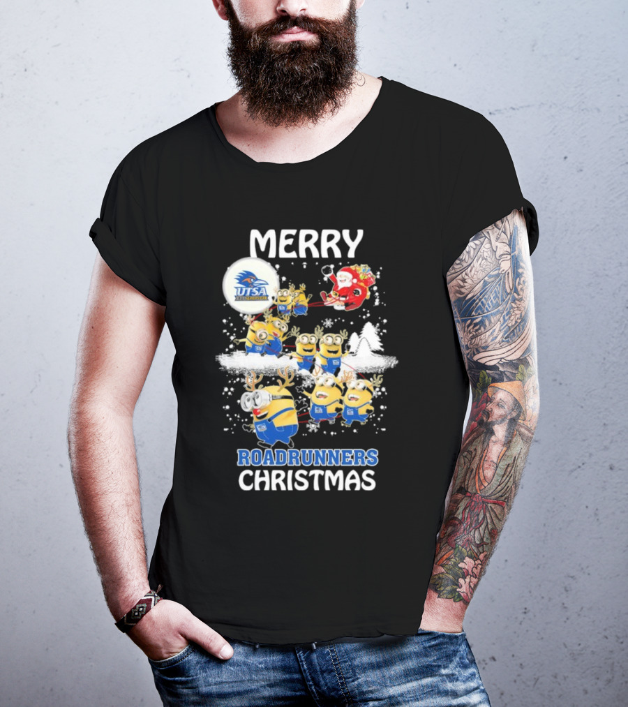 Merry UTSA Roadrunners Minions Christmas With Santa And Reindeer T-Shirt