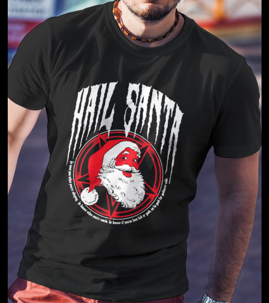Hail Santa Evil Christmas Pentagram Santa Hat T-Shirt