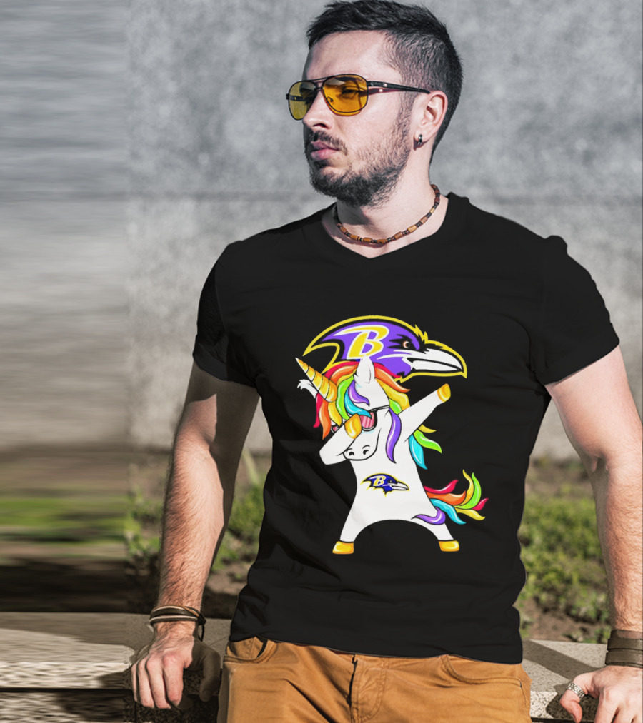Unicorn Dabbing With Baltimore Ravens Logo And Rainbow Mane T-Shirt