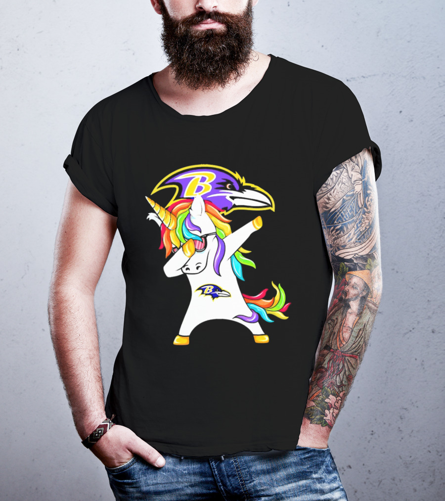 Unicorn Dabbing With Baltimore Ravens Logo And Rainbow Mane T-Shirt