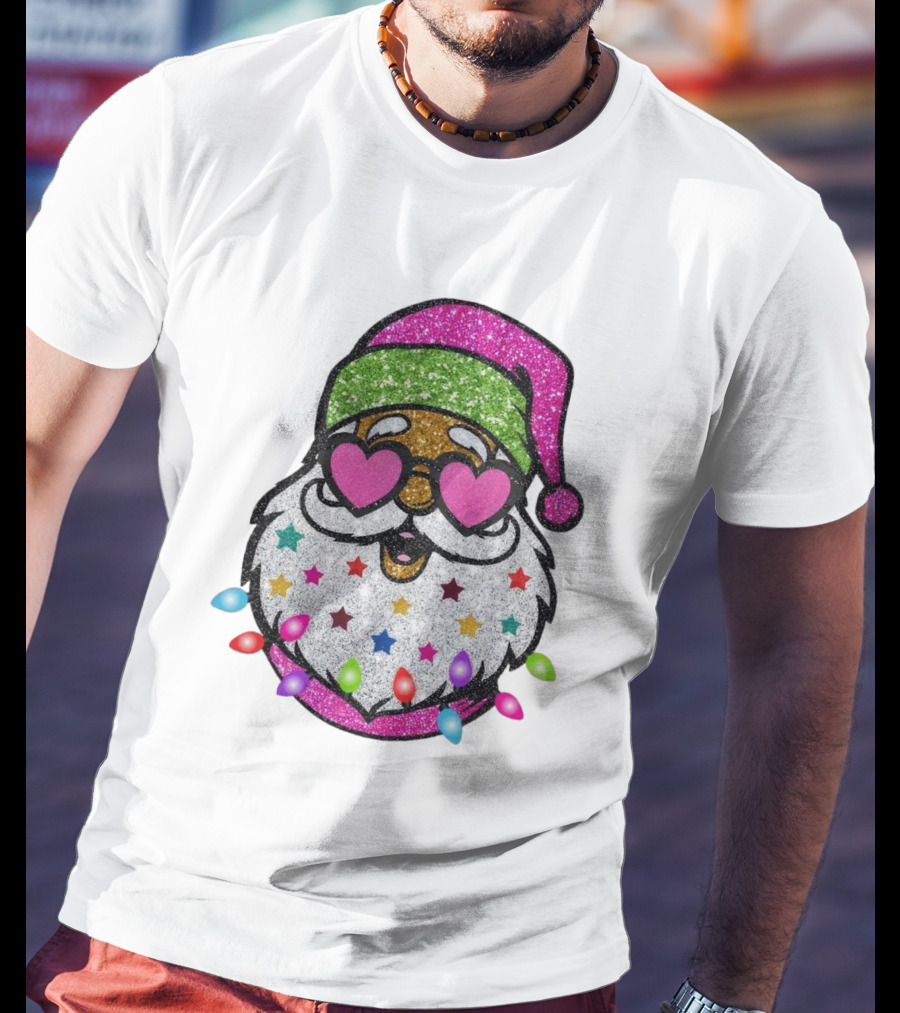 Glittery Pink Santa Claus With Heart Sunglasses And Colorful Stars And Holiday Lights T-Shirt