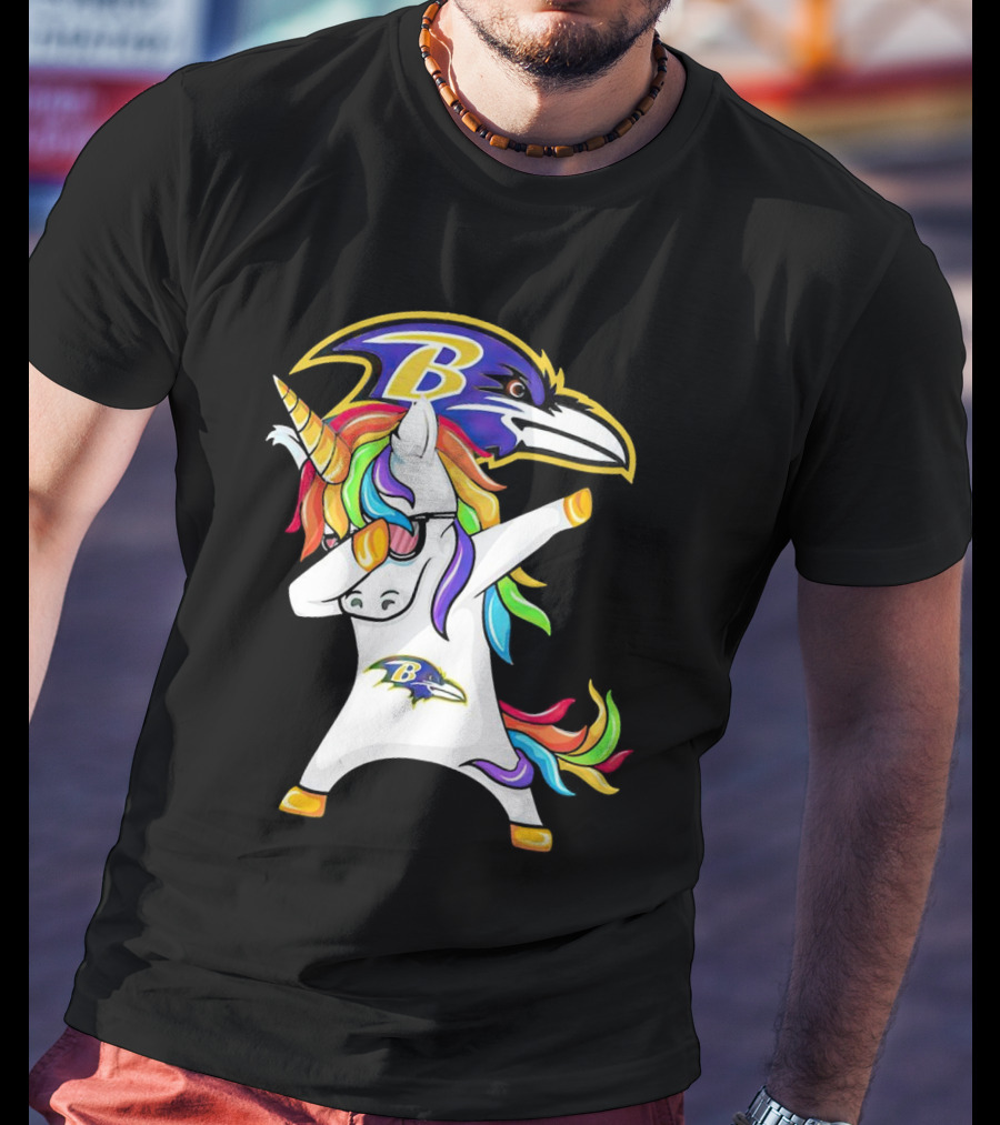Unicorn Dabbing Baltimore Ravens Emblem Rainbow Colors T-Shirt