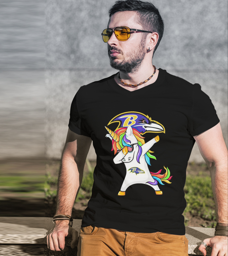 Unicorn Dabbing Baltimore Ravens Emblem Rainbow Colors T-Shirt