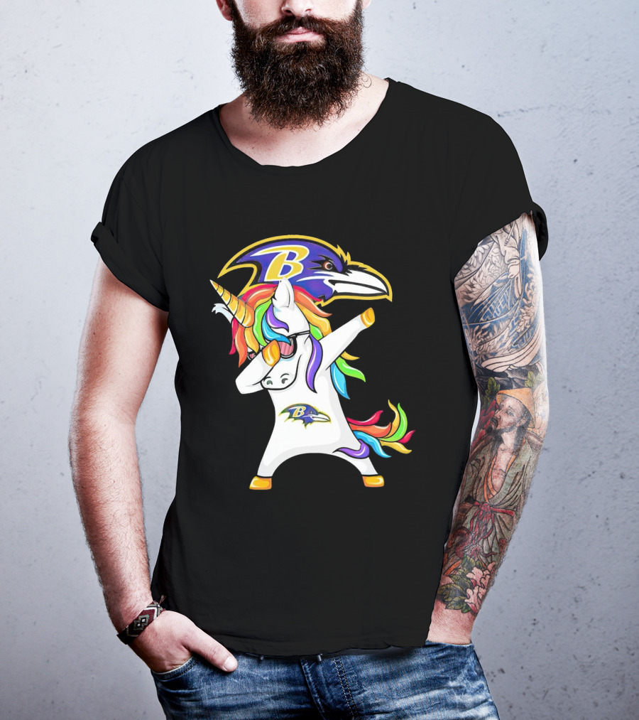 Unicorn Dabbing Baltimore Ravens Emblem Rainbow Colors T-Shirt