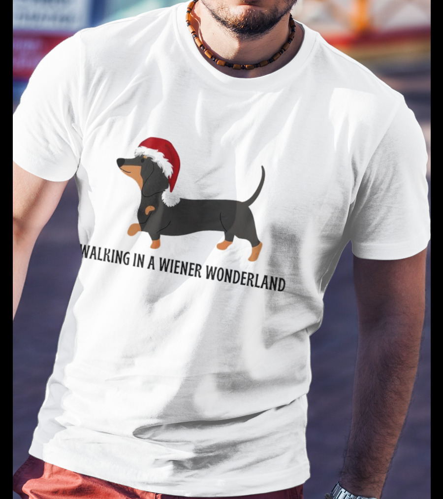 Christmas Walking In A Wiener Wonderland Dachshund With Santa Hat T-Shirt