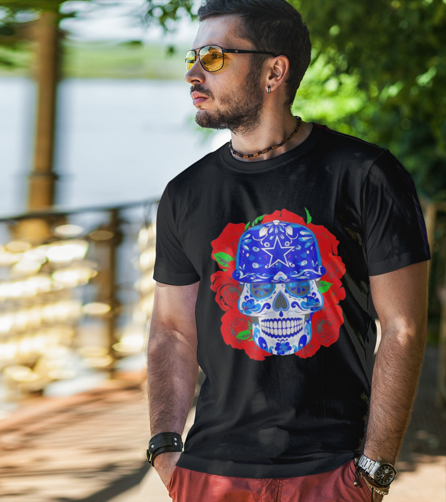 Dallas Cowboys Sugar Skull With Blue Star Hat And Roses T-Shirt