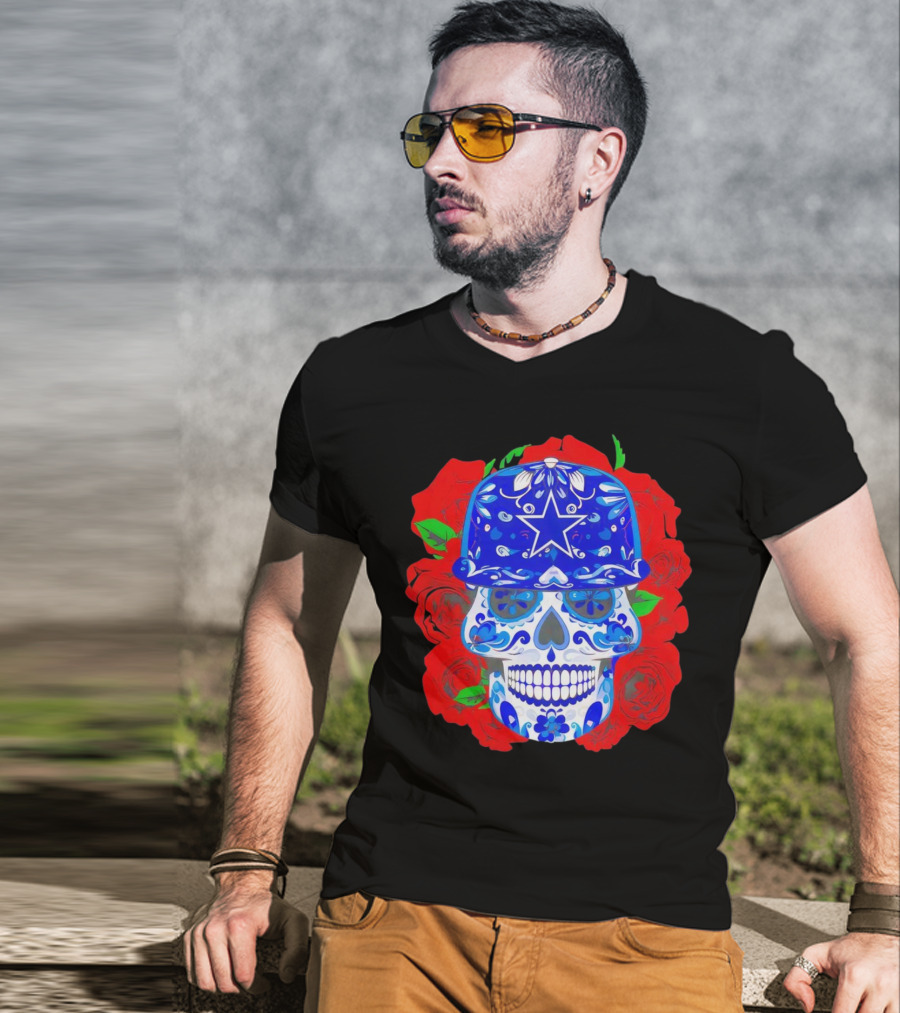 Dallas Cowboys Sugar Skull With Blue Star Hat And Roses T-Shirt