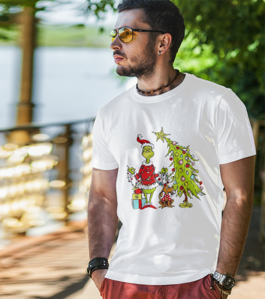 Grinch In Santa Hat And Dog With Christmas Tree And Presents T-Shirt