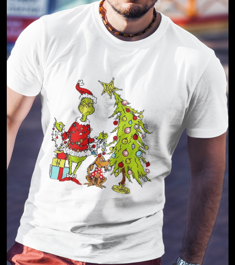 Grinch In Santa Hat And Dog With Christmas Tree And Presents T-Shirt