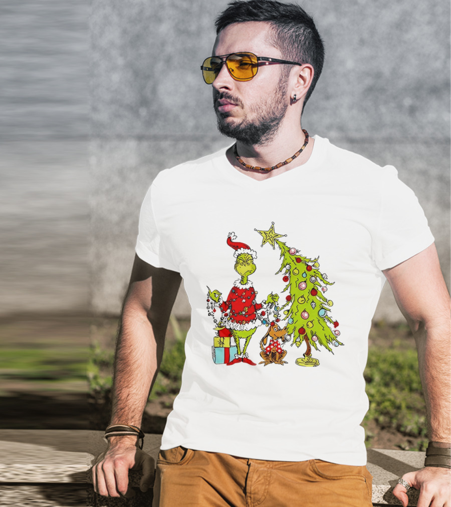 Grinch In Santa Hat And Dog With Christmas Tree And Presents T-Shirt