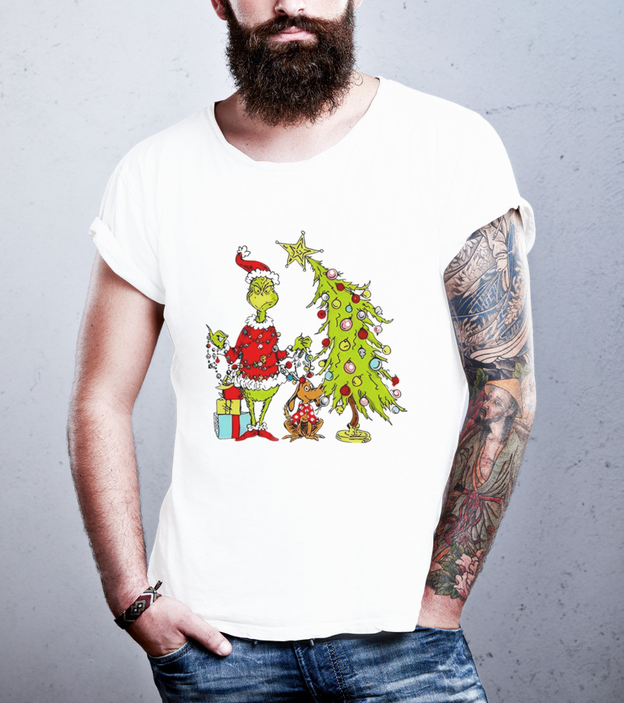 Grinch In Santa Hat And Dog With Christmas Tree And Presents T-Shirt