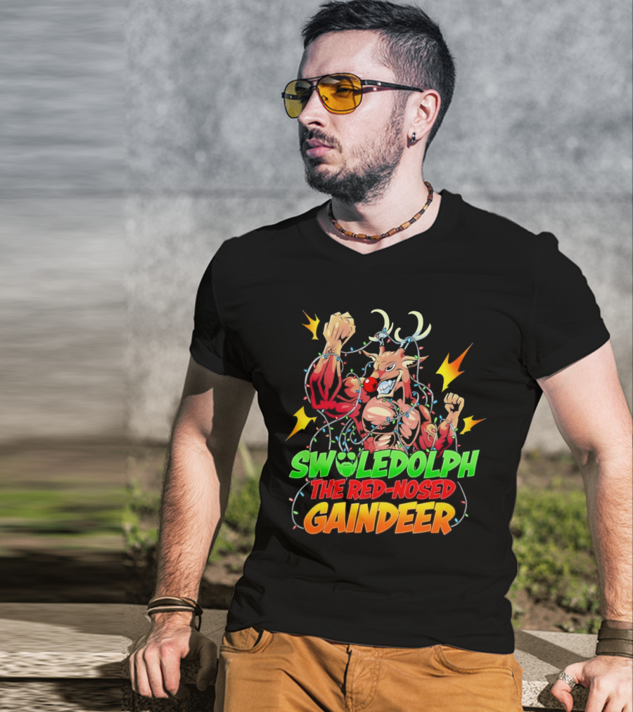Swoledolph The Red-Nosed Gaindeer Christmas Lights Flexing T-Shirt
