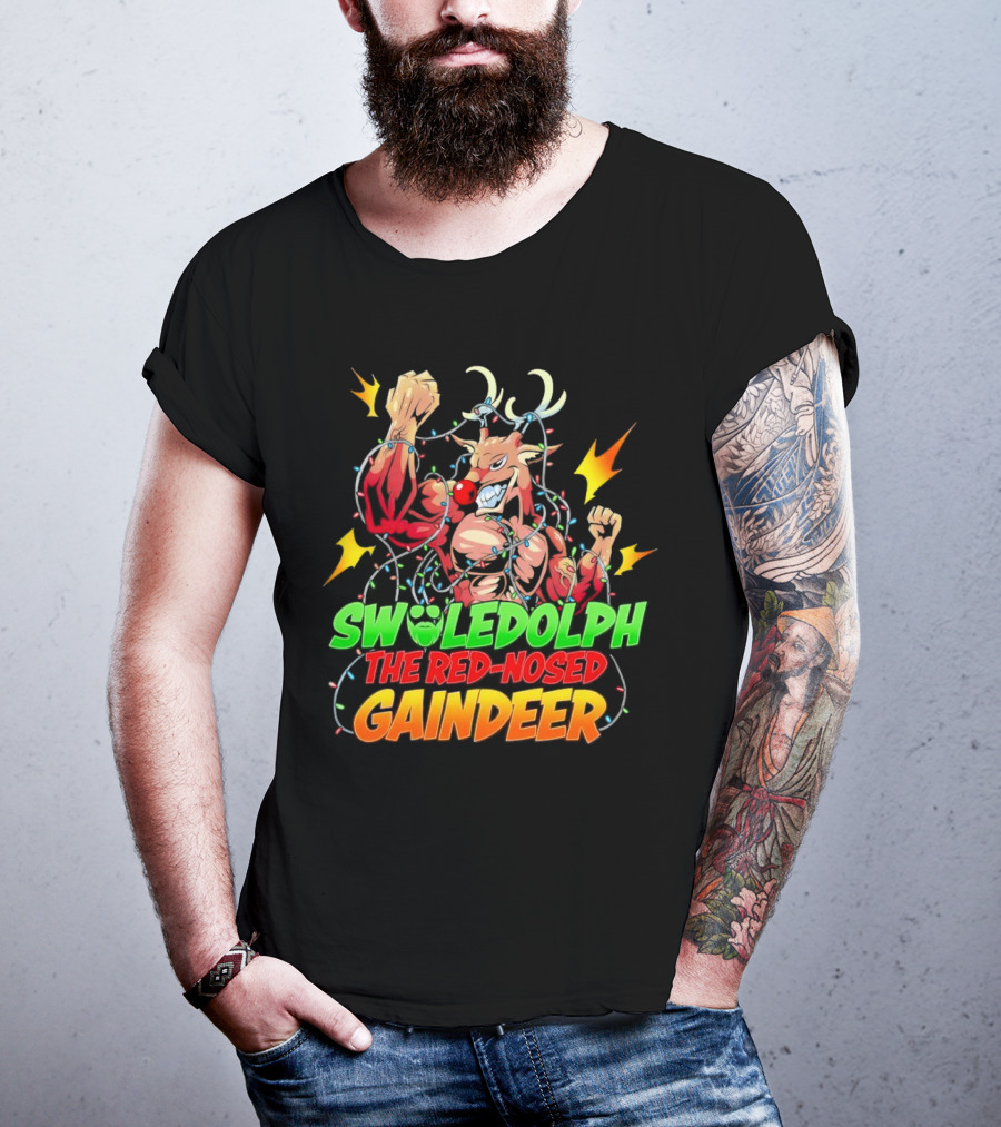 Swoledolph The Red-Nosed Gaindeer Christmas Lights Flexing T-Shirt