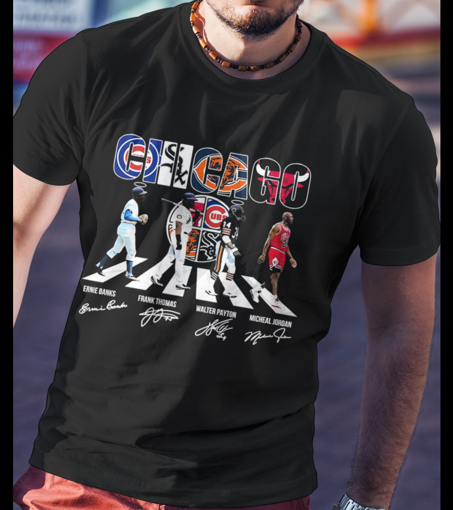 Chicago Cubs Bears Bulls Abbey Road Ernie Banks Frank Thomas Walter Payton Michael Jordan Signatures T-Shirt