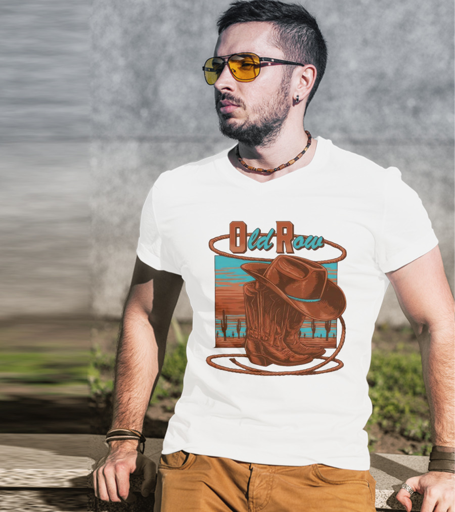 Old Row Western Cowboy Boots And Hat Desert Scene T-Shirt