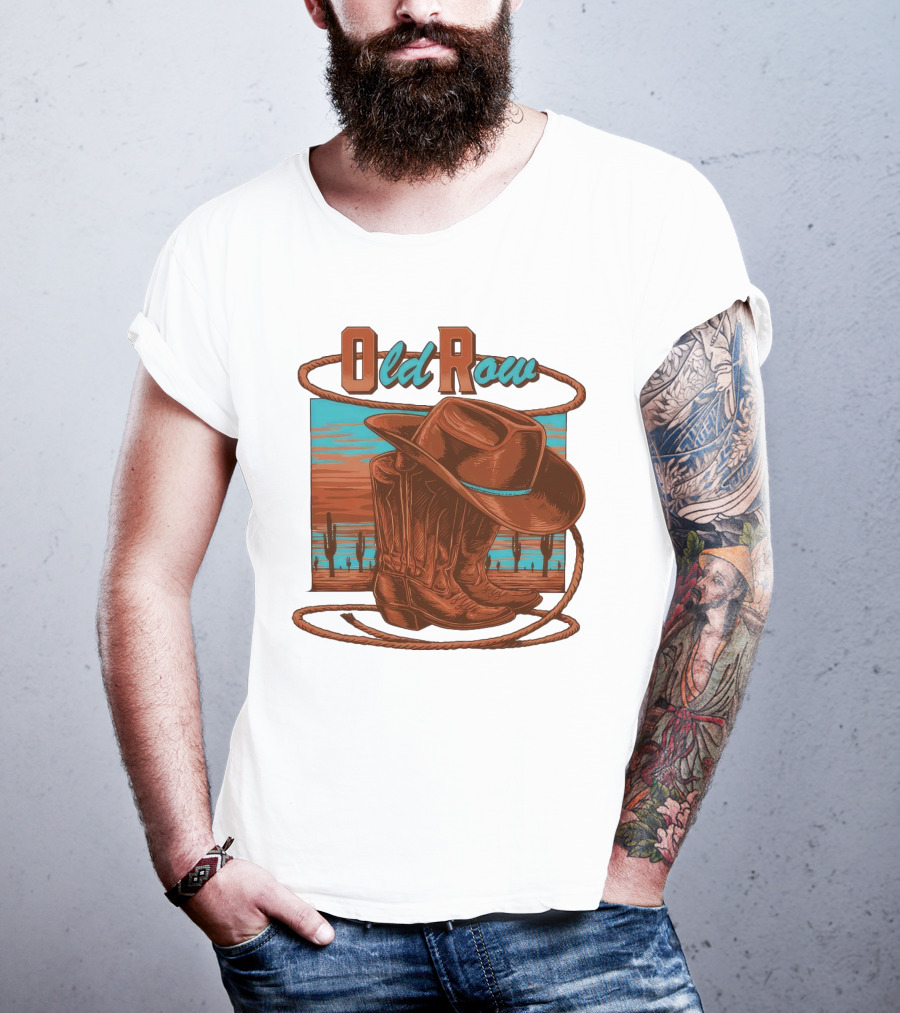 Old Row Western Cowboy Boots And Hat Desert Scene T-Shirt