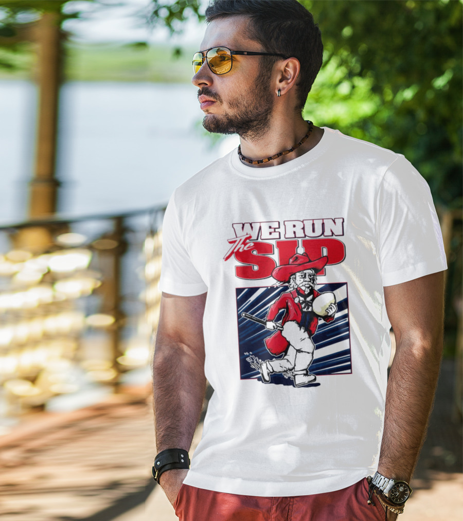 We Run The Sip Ole Miss Rebels Football Mascot Running With Ball T-Shirt