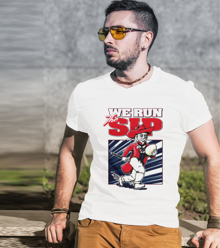 We Run The Sip Ole Miss Rebels Football Mascot Running With Ball T-Shirt