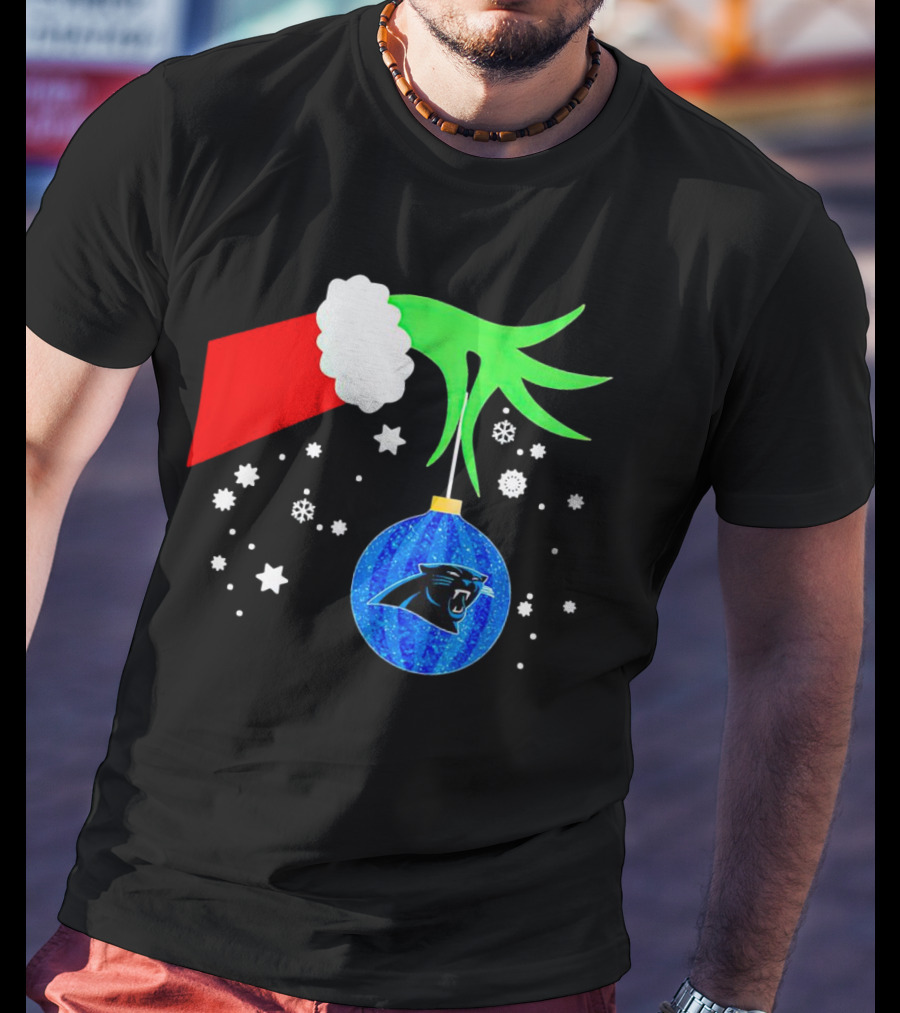 The Grinch Holding Carolina Panthers Christmas Ornament With Snowflakes T-Shirt