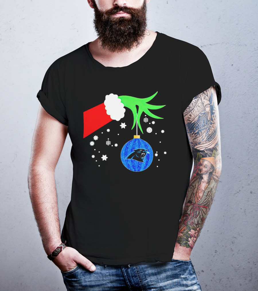 The Grinch Holding Carolina Panthers Christmas Ornament With Snowflakes T-Shirt