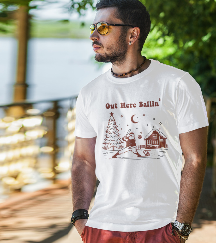Out Here Ballin' Santa Playing Baseball Christmas Scene T-Shirt