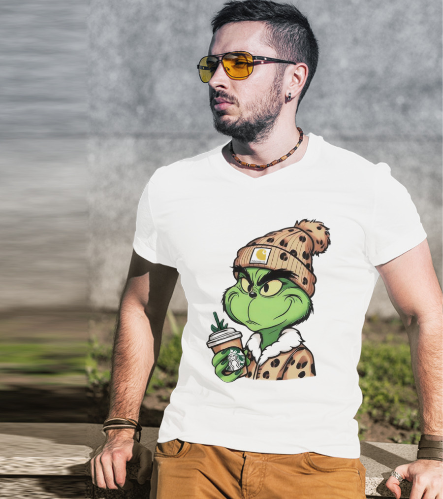Grinch Boujee Leopard Coffee Cozy Winter T-Shirt