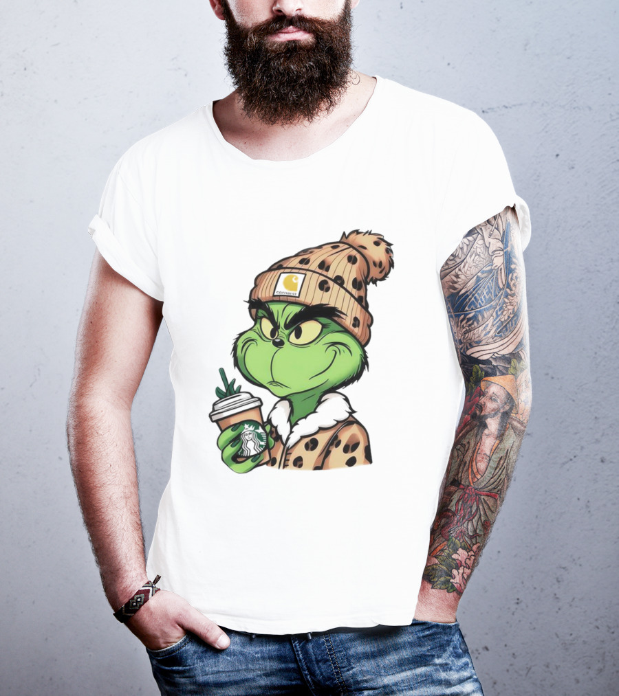 Grinch Boujee Leopard Coffee Cozy Winter T-Shirt