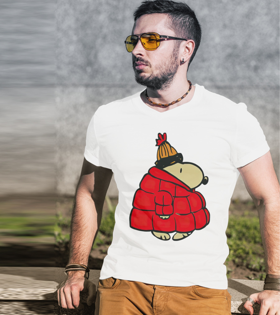 Snopy Puffer Coat Winter Christmas Beanie T-Shirt