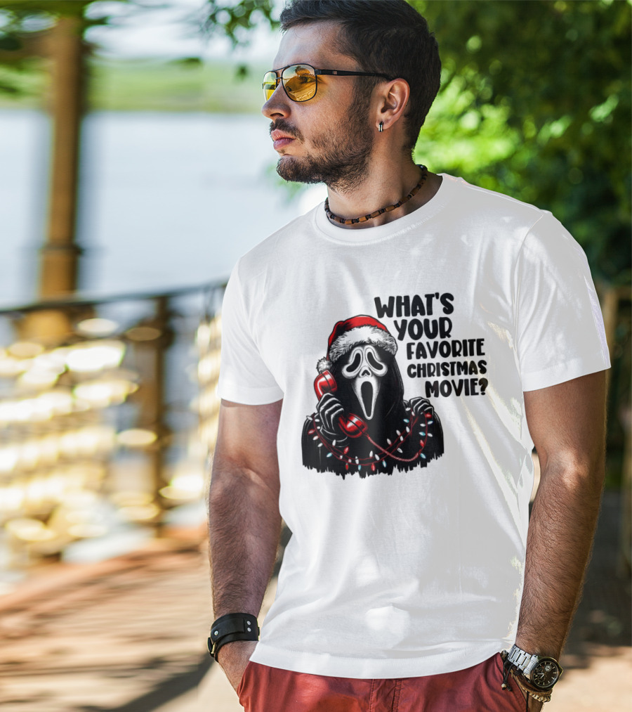 Ghostface What's Your Favorite Christmas Movie Festive Horror Santa Hat Phone Lights T-Shirt