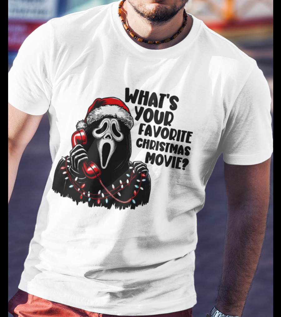 Ghostface What's Your Favorite Christmas Movie Festive Horror Santa Hat Phone Lights T-Shirt