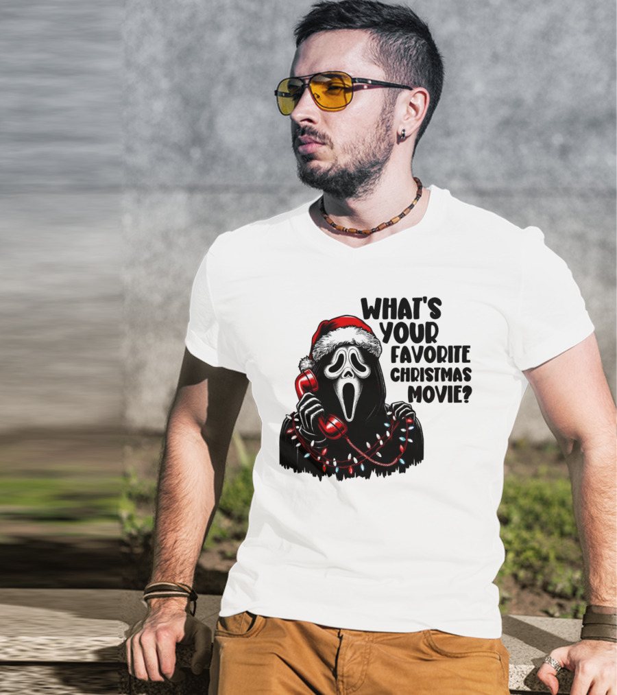 Ghostface What's Your Favorite Christmas Movie Festive Horror Santa Hat Phone Lights T-Shirt