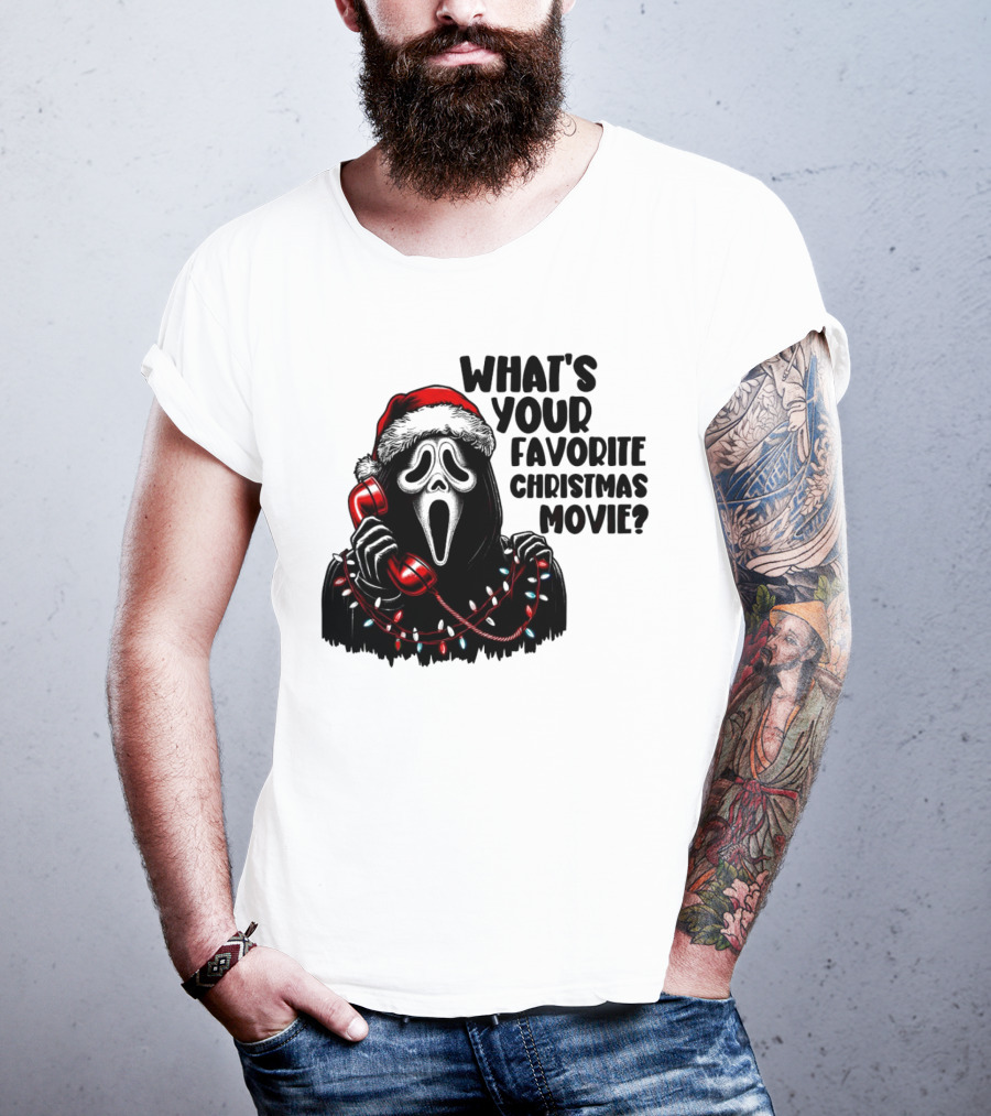 Ghostface What's Your Favorite Christmas Movie Festive Horror Santa Hat Phone Lights T-Shirt