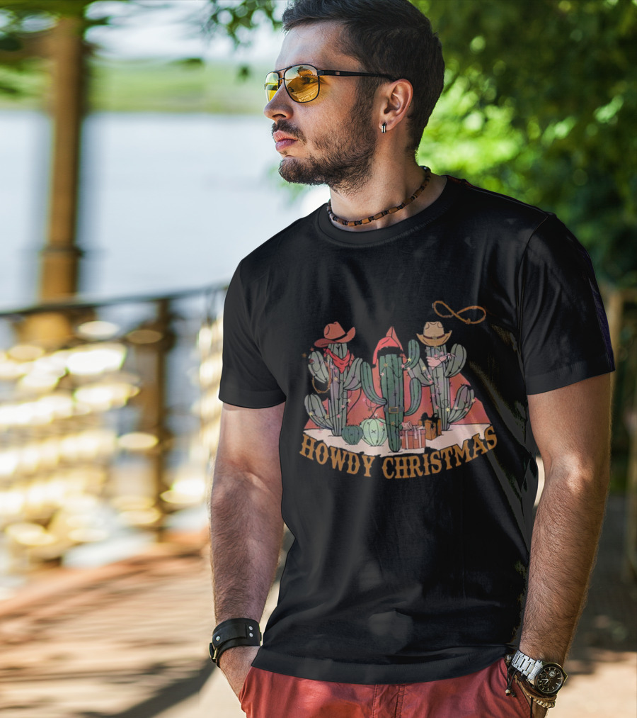 Howdy Christmas Cactus Cowboy Hats And Lasso Holiday Scene T-Shirt