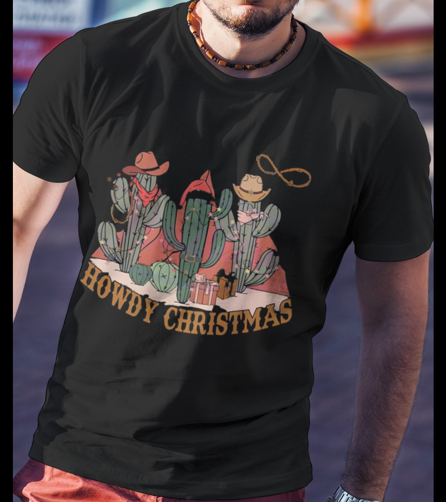 Howdy Christmas Cactus Cowboy Hats And Lasso Holiday Scene T-Shirt