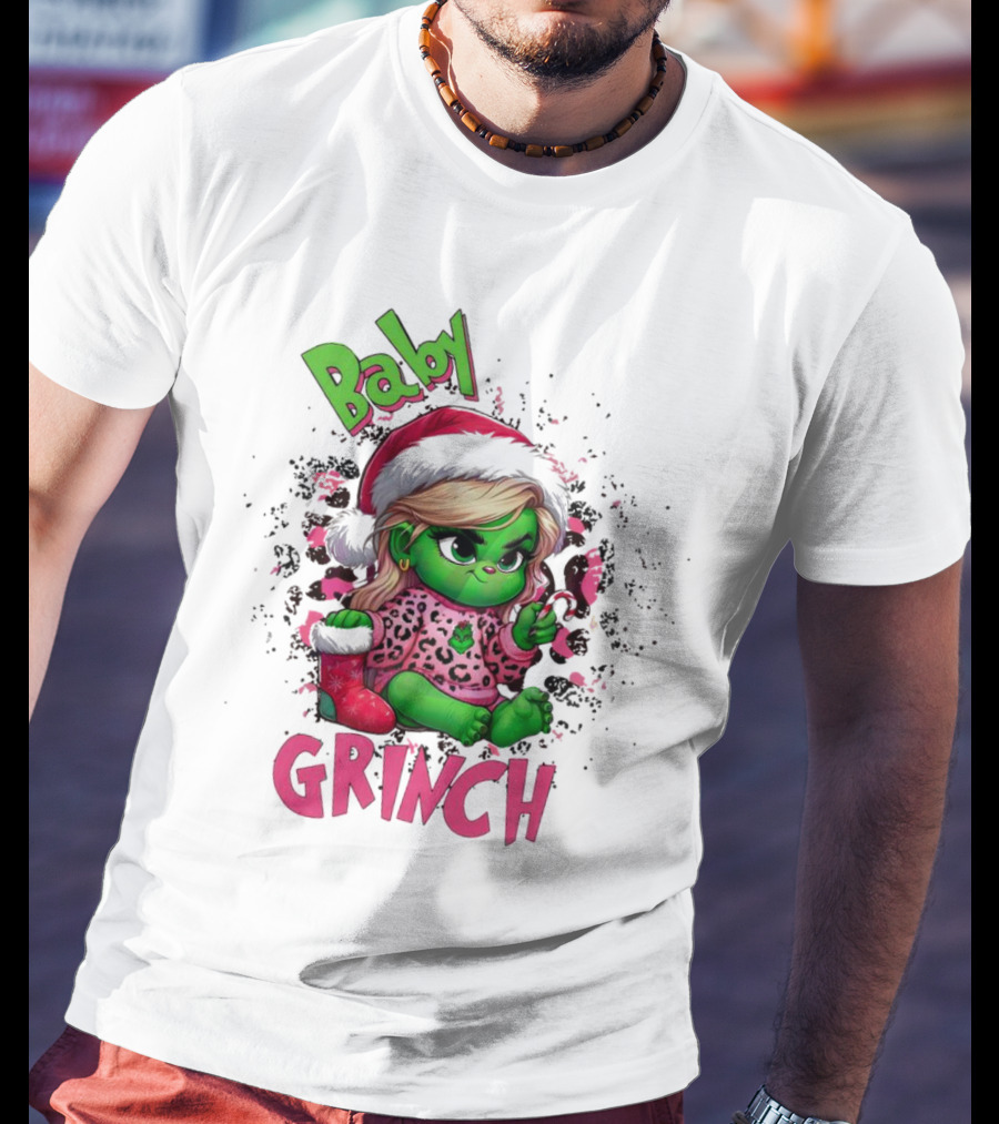 Baby Grinch Pink Leopard Christmas T-Shirt