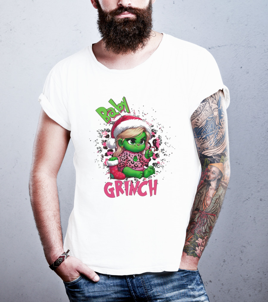 Baby Grinch Pink Leopard Christmas T-Shirt