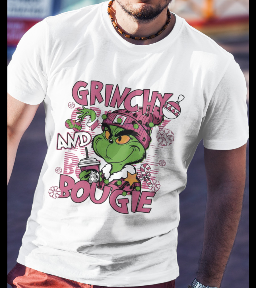 Grinchy And Bougie Pink Christmas Holiday T-Shirt