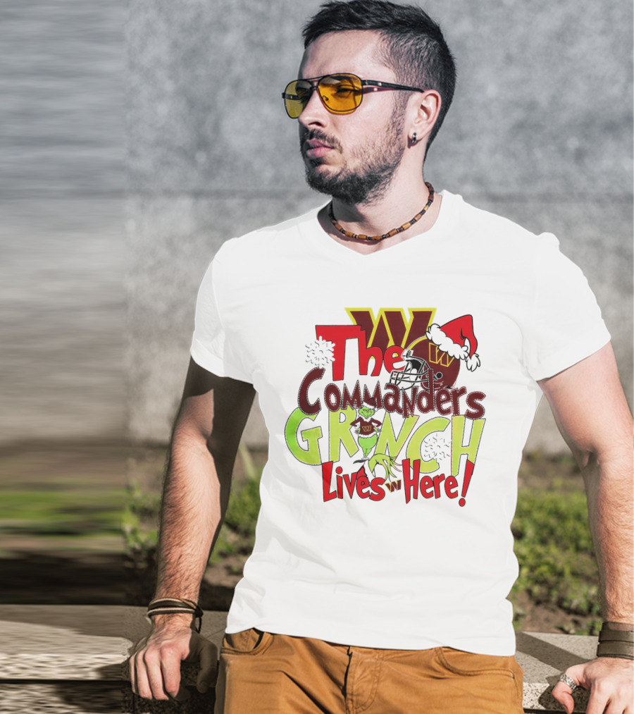 Washington Commanders Grinch Lives Here Christmas Football Holiday Cheer T-Shirt