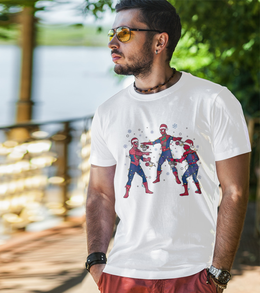 Funny Marvel Three Spiderman Meme Santa Christmas Lights Snowflakes T-Shirt