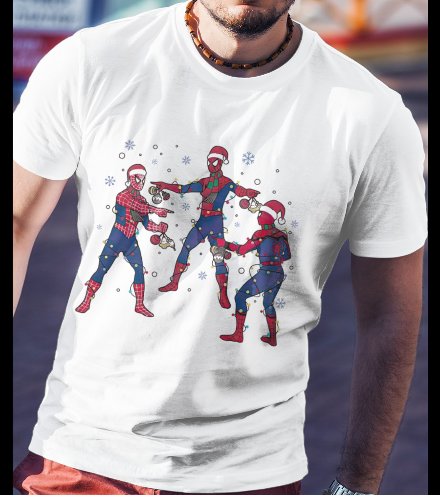 Funny Marvel Three Spiderman Meme Santa Christmas Lights Snowflakes T-Shirt