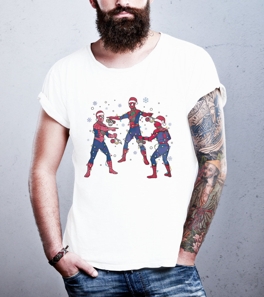 Funny Marvel Three Spiderman Meme Santa Christmas Lights Snowflakes T-Shirt