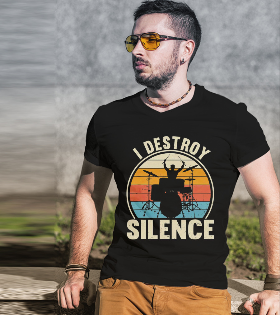 I Destroy Silence Drummer Vintage Sunset T-Shirt